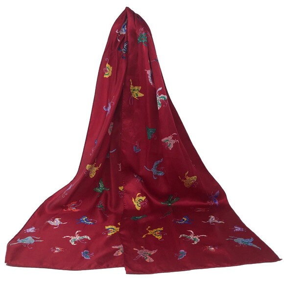 100% Silk Butterfly Scarf Red Smithsonian Repro Handrolled Hem Japan Elegant - Picture 1 of 12